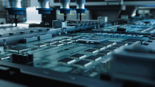 Four Vacuum Nozzles of an Smt Assembly Head Hover Above a Motherboard Studded With Integrated Circuits and Processors, Mounting Chips Under Cold Blue Light Inside an Automated Electronics Plant