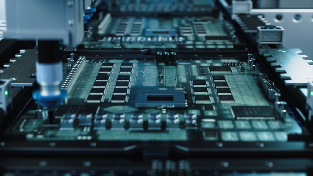 Single Robotic Nozzle Positions a Processor on a Green Circuit Board Lined With Memory Chips and Connectors, Shallow Depth of Field Close up of Electronics Assembly Inside a High Tech Plant