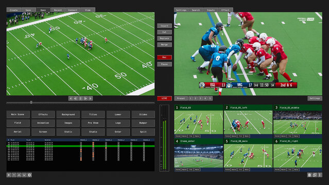 American Football League Live Broadcast Control Room Software With Multi-camera Preview Grid, Timecode Playlist and Replay Tools. Screen Replacement Mockup for Sports Tv Vision Mixer Console