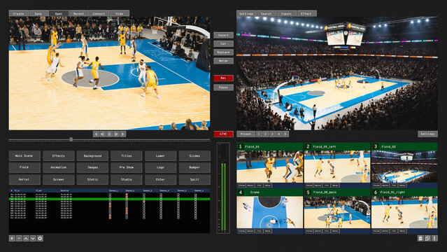 Basketball Tournament Live Broadcast Vision Mixer Interface With Six-camera Multiview, Crane Angle Preview, Audio Level Meters and Timecode Clip List. Sports Tv Studio Screen Replacement Mockup