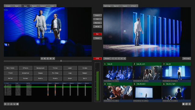 Business Technology Conference Live Streaming Production Interface With Program Preview, Six-camera Multiview, Audio Meters, Scene Buttons and Timecode Playlist. Broadcast Screen Mockup