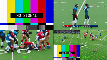 Obraz premium American Football League Live Broadcast Multiview Monitor Wall: Gridiron Players Signaling Onfield With Scoreboard Overlay, Timecoded Tackle Replay, Wide Field Cameras and No Signal Test Bars