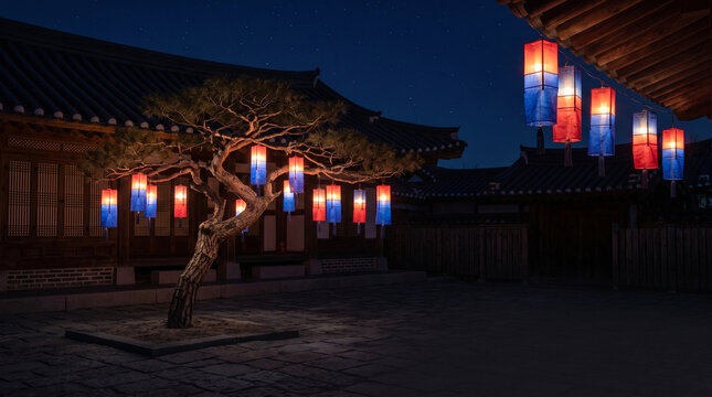 Traditional Korean lanterns hanging on a pine tree in a hanok courtyard at night