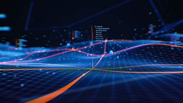 Abstract Technology Visualisation Showing a Glowing Blue Wireframe Data Grid With Orange Trajectory Curves, Floating Particles and a Json Telemetry Readout of Coordinates, Values and Quality Metrics.