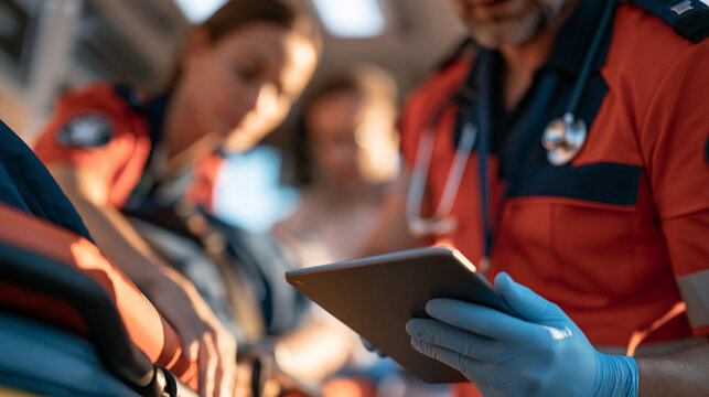 Selective focus of a paramedic carrying a stretcher with a patient near a doctor holding a digital tablet inside an ambulance vehicle, emergency medical workflow, with copy space