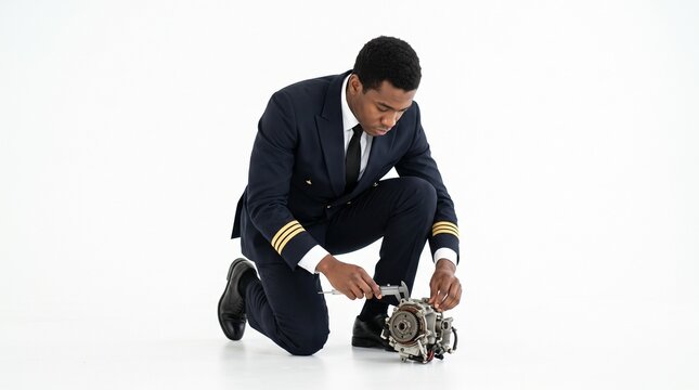 Pilot in uniform inspects aircraft engine part with caliper on white background