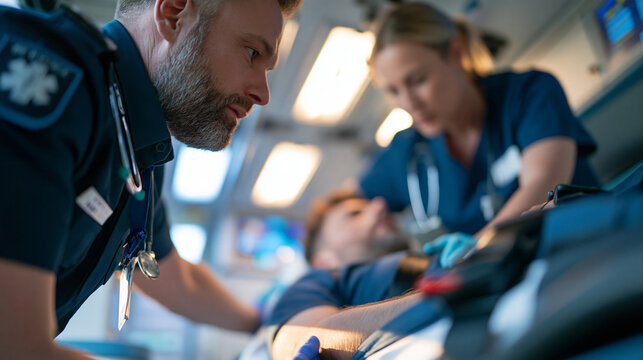 Paramedics placing an injured man on a stretcher inside an ambulance vehicle, emergency rescue operation, patient transport, urgent care, with copy space