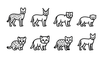 Fototapeta premium Feline Friends Collection: A charming set of eight line art illustrations featuring various cat breeds, from wild lynx to domestic kittens, showcasing diverse feline forms in a playful arrangement.