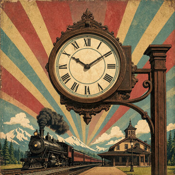 Vintage town clock on a street post near a steam train station with mountain landscape background railway platform antique timekeeper old station railroad track historical travel
