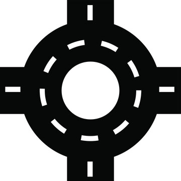 Roundabout road icon featuring bold black circular markings for urban traffic navigation and highway design map.
