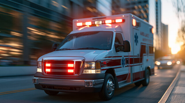 An ambulance racing to respond to the scene of an emergency, urgent medical response, speeding vehicle, city street, with copy space
