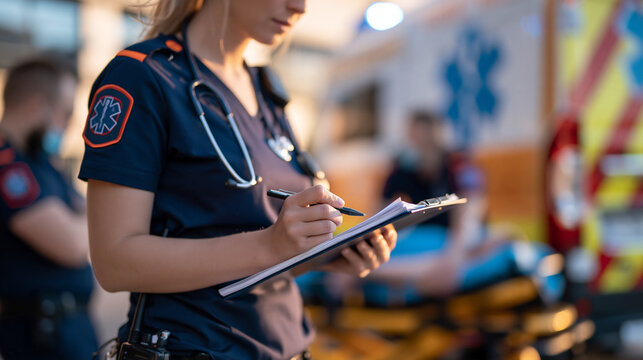 Faceless female paramedic in uniform standing with a patient chart in front of an ambulance, colleague near a patient's gurney, emergency medical documentation, with copy space