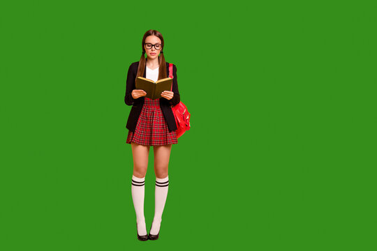 Full length body size view of her she nice-looking attractive lovely smart clever serious girl holding in hands book classes courses preparing test isolated over bright vivid shine yellow background