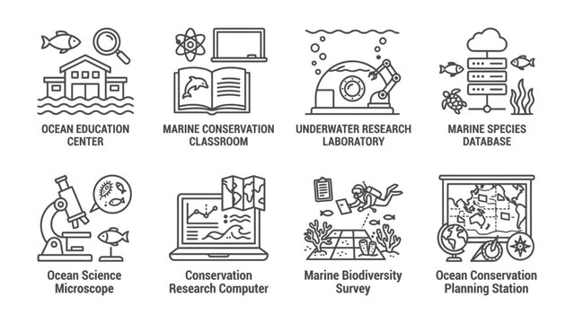 Oceanography and Marine Science Collection: A set of line art icons illustrating key aspects of ocean conservation and marine science research.