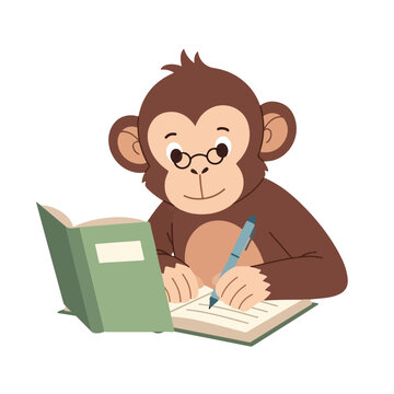 A cute cartoon monkey wearing glasses holds a pen and writes carefully in an open notebook on a white background.