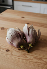 Obraz premium Spring renewal and floral beauty, two fresh magnolia blossoms with water droplets on a natural wooden kitchen table for home interior decoration