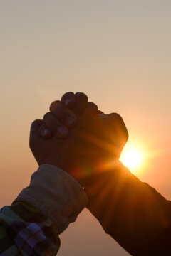 Banner hands high five Fist bump Volunteer mission business partner with copy space. Two people multiracial high five hands stack join arm together. Team bump fist together. Hand High Five Business