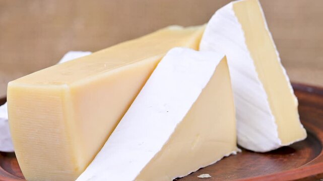 Video of a cheese mix featuring Parmesan, Brie, blue cheese, and Camembert.