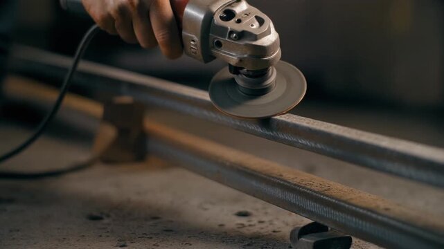 Metal grinding with angle grinder close up. Worker hand using power tool on steel bar in industrial workshop. Bright sparks flying during metalworking process for construction and repair work.