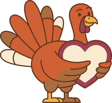 Cartoon turkey holding a heart shaped illustration with a white background