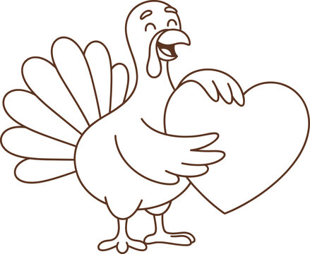 Cartoon turkey holding a heart shape line drawing with white background