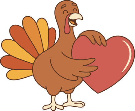 Cartoon turkey holding a red heart vector illustration for thanksgiving celebrations