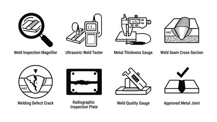 Obraz premium Welding Quality Control Icons: A collection of black and white icons representing various tools and methods used for weld inspection and quality control, including magnifiers, testers, gauges.