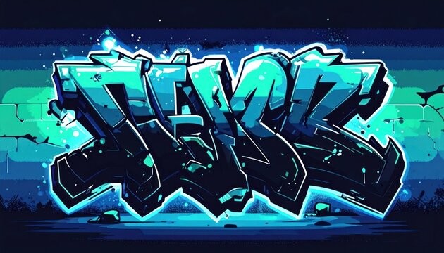 Teal graffiti THOR art on dark brick wall background.