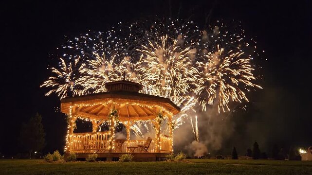 Colorful fireworks exploding behind a glowing garden gazebo at night
