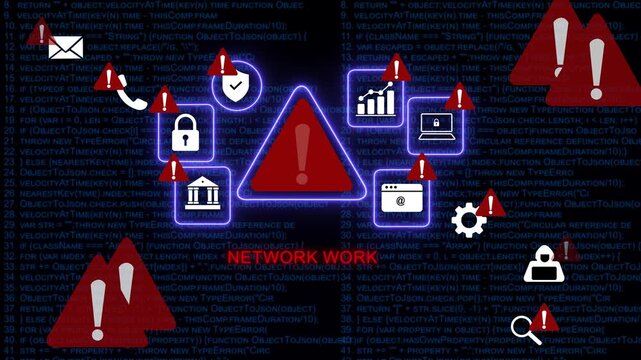 Cybersecurity threat alert concept with digital warning signs, data breach risk, network vulnerability and malicious hacker activity overlays on abstract programming code background, for tech security
