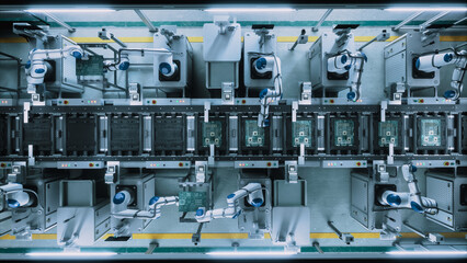 Fototapeta na wymiar Overhead View of Robotic Arms Assembling Circuit Boards Along an Automated Conveyor Line Inside a Smart Electronics factory Autonomous Production, Industrial Automation and Quality Control.