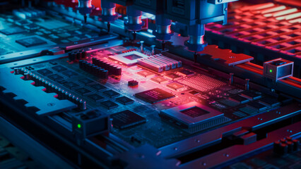 Plakat Automated Placement Machine Fits Processors and Memory Modules Onto a Motherboard Bathed in Red and Blue Light, Illustrating Driverless Electronics Production Inside a Computer Hardware Factory.