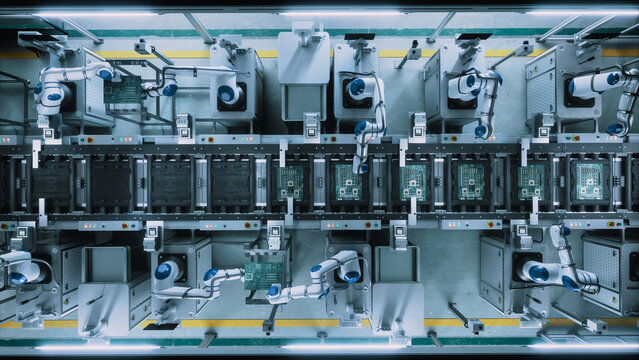 Overhead View of Robotic Arms Assembling Circuit Boards Along an Automated Conveyor Line Inside a Smart Electronics factory Autonomous Production, Industrial Automation and Quality Control.