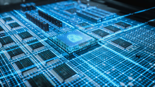 Glowing Padlock Icon Lights up a Processor Chip on a Circuit Board, Visualizing Cybersecurity Encryption, Data Protection and Secure Computing in Electronics Factory Technology.