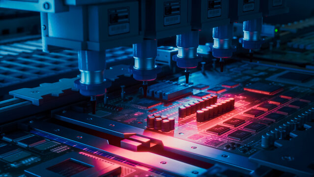 Pick and Place Robot Head Lowers Steel Nozzles Onto a Printed Circuit Board Glowing Crimson Under Blue Light, Showing Unmanned Chip Mounting Workflow Inside a Modern Electronics Factory.