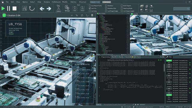 Screen Replacement Software Mockup: High-tech Manufacturing: 3D CAD Animation of Automated Production Line With Robotic Arms and Conveyor Belts. Assembly Process Modern Industrial Facility