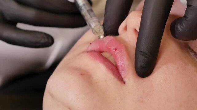 Close-up cosmetic procedure, cosmetologist injecting dermal filler into woman's lips. Professional lip augmentation treatment, enhancing lip volume and shape, aesthetic clinic