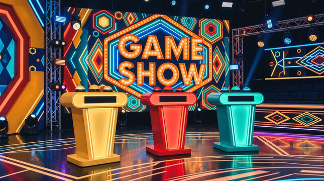 Game Show Stage With Three Colorful Podium Buzzers And Bright Neon Lights