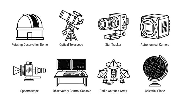 Astronomy Equipment Icons: A collection of meticulously drawn line art icons representing various astronomical instruments, including an observatory dome, telescope, star tracker, camera.