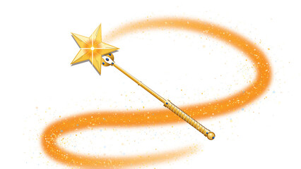 Golden fairy wand with a shining star top and magic glowing sparkles isolated on white background transparent background © KRISNA
