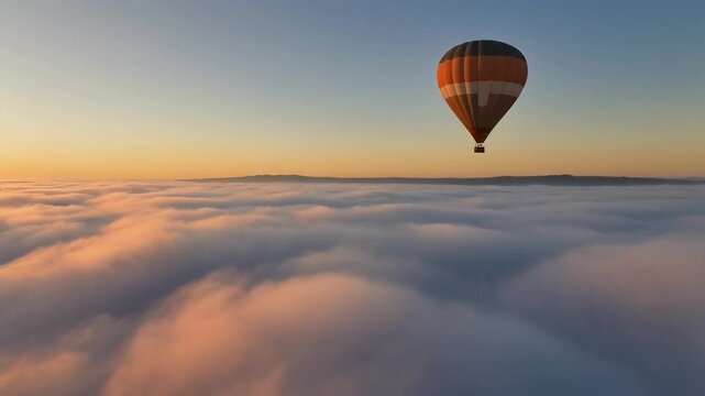 Hot air balloon aerial video footage. A striped orange and black hot air balloon floats above a thick layer of rolling white clouds during a golden sunset. Scenic landscape for travel media use.