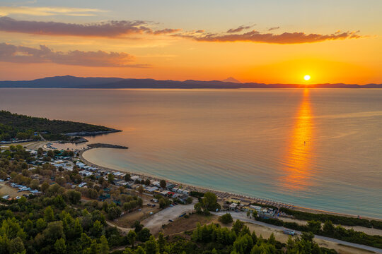 Aerial Sunrise over Paliouri Xenia Beach, Kassandra, Halkidiki, Greece