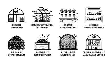Obraz premium Greenhouse Farming Icons: A collection of clean, modern line art icons representing various aspects of organic greenhouse farming, including the structure itself, propagation methods.