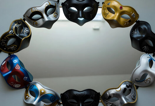 Masquerade and anonymity concept, collection of colorful venetian carnival masks arranged in a circle around a mirror frame for mystery and performance