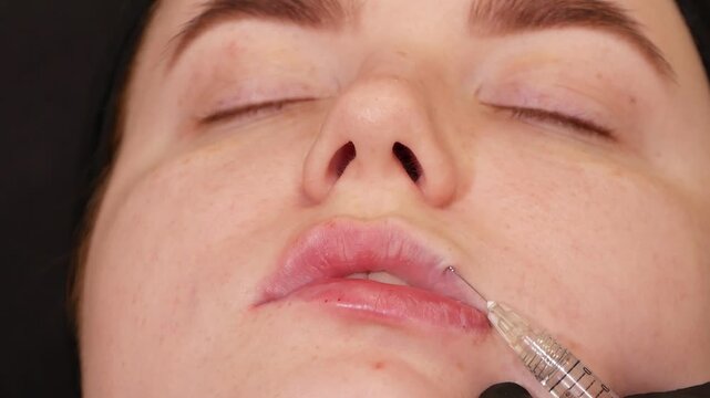 Lip filler procedure, cosmetologist performing upper lip treatment with syringe. Aesthetic medicine procedure focused on lip volume, contour, shape enhancement, professional beauty clinic