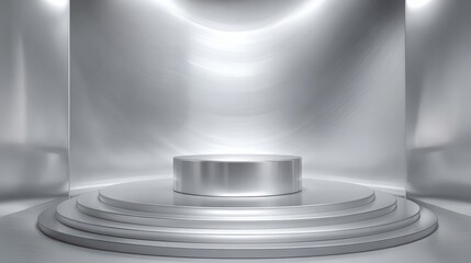 Obraz premium Metallic empty platform stage, silver and steel tones, reflective environment, clean premium mockup