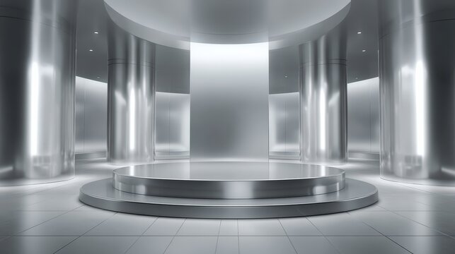 Fully metallic podium stage, silver steel and chrome color variations, empty and minimal, futuristic showroom look 