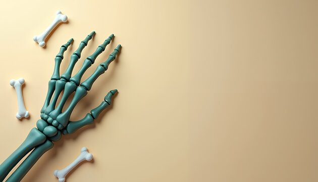Green skeleton hand with scattered white bones on a neutral beige background, flat lay