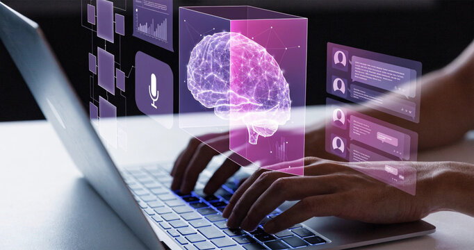 Developer operating laptop computer with virtual machine learning neural interface elements. High tech software engineer typing on computer with floating artificial intelligence dashboard