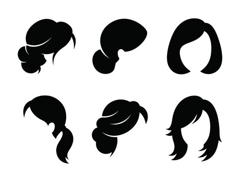 Set of six black silhouettes illustrating various women's hairstyles including classic bob, elegant updo, casual ponytail, low bun, and long layered haircuts on white background.